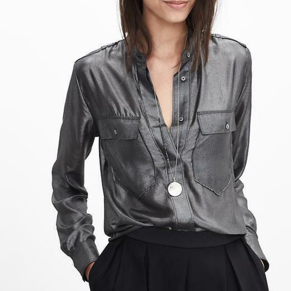 Banana Republic Metallic Utility Blouse in Gunmetal/Black XL - Picture 1 of 10